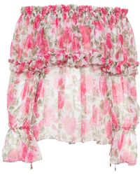 Chloé - Off-Shoulder Top Met Pofmouwen En Zijden Mousseline - Lyst