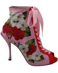 Dolce & Gabbana Pink Floral Jersey Stretch Open Toe Boots Shoes