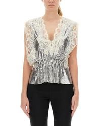 Rabanne - Lace-Insert Mesh Gathered-Waist Top - Lyst