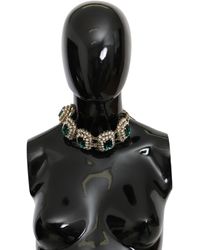Dolce & Gabbana Green Crystal Strass Motive Gold Brass Pearl Necklace - Multicolor