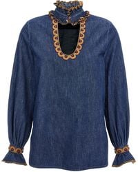 Valentino Garavani - Chambray Denim Embroidered Top Tops Blue - Lyst