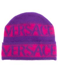 Versace - Beanie With Logo Stripes Virgin Wool Hat - Lyst