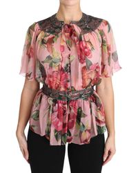 Dolce & Gabbana Floral Print Silk Shirt With Pussy Bow Rose - Pink