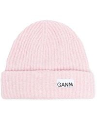 Ganni - Ribgebreide Muts Met Logopatch - Lyst