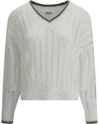 Brunello Cucinelli - V Neck Sweater With Shiny Details - Lyst
