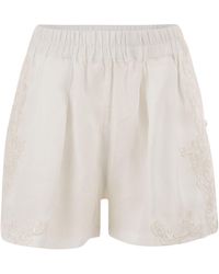 Maurizio Mykonos - Linen Shorts With Embroidery And Elasticated Waistband - Lyst