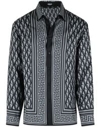 Versace - Slank Overhemd In Zwart En Grijs Bedrukte Zijden Keperstof - Lyst