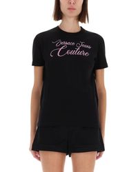 Versace Jeans Couture - T-Shirt With Logo And Rhinestones - Lyst
