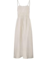 Maurizio Mykonos - Long Linen Dress With Embroidered Bodice And Slim Straps - Lyst