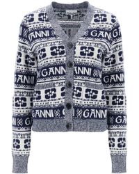 Ganni - Logo-intarsia Wool-blend Cardigan - Lyst