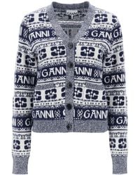 Ganni - Jacquard Wool Cardigan mit Logo -Muster - Lyst