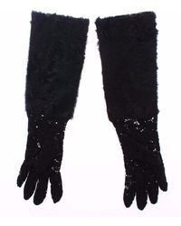 Dolce & Gabbana Ellenbogen-Handschuhe aus schwarzer Spitze aus Wolle und Lammfell