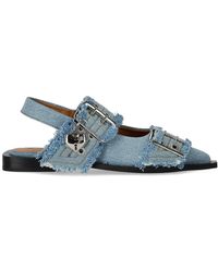 Ganni - Faded Denim Slingback Ballet Flat Shoe With Buckles - Lyst