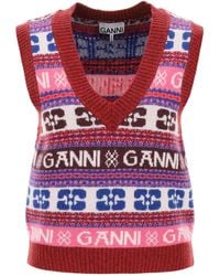 Ganni - Jacquard Wool Vest Met Logo -patroon - Lyst