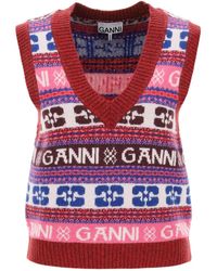 Ganni - Jacquard Wool Vest With Logo Pattern - Lyst