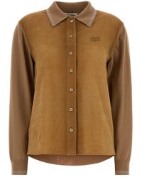 Miu Miu - Camel Wool And Suede Cardigan - Lyst
