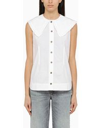 Ganni - White Cotton Sleeveless Shirt With Collar - Lyst
