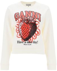 Ganni - Crew Neck Sweatshirt Met Grafische Print - Lyst