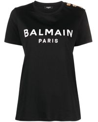 Balmain - Cotton T-Shirt With Front Printed Logo And Buttons - Lyst