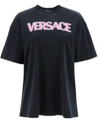 Versace T-shirt en détresse avec logo fluo gris, coton fuchsia - Noir