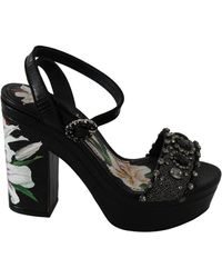 Dolce & Gabbana Floral Crystals Ankle Strap Sandals Shoes - Black