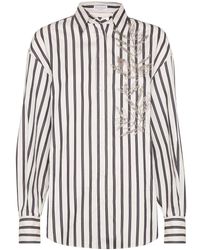 Brunello Cucinelli - Cotton Striped Shirt With Glistening Flora Embroidery - Lyst