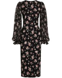 Dolce & Gabbana - Midi-Jurk Met Pofmouwen En Bloemenprint - Lyst