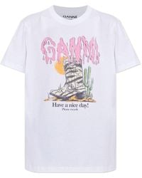 Ganni - Printed Cotton T-Shirt - Lyst