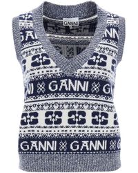 Ganni - Blue Logo Wool Mix Weste - Lyst