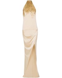 Balmain - Silk Halterneck Dress With Sand Effect Embroidery - Lyst