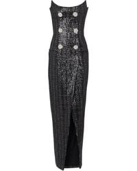 Balmain - Strapless Long Tweed Dress With Glitter - Lyst