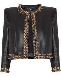 Balmain - Lambskin Edge-To-Edge Jacket With Chain Trim - Lyst
