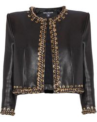 Balmain - Lambskin Edge-To-Edge Jacket With Chain Trim - Lyst