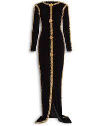 Balmain - Long Velvet Dress With Embroidered Trim - Lyst
