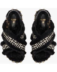 Balmain Bicolor Jacquard And Faux Fur Tam Flat Sandals - Natural