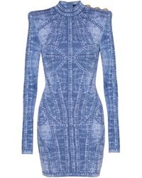 Balmain - Robe Courte En Maille Jacquard Avec Trompe-L'Œil Denim - Lyst