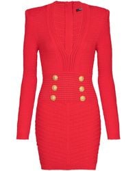 Balmain - Long-Sleeve Buttoned V-Neck Knit Mini Dress - Lyst