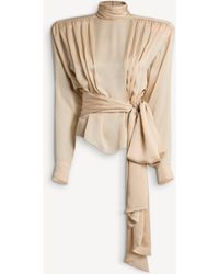 Balmain - Silk Chiffon Blouse With Padded Shoulders And Tie - Lyst