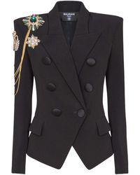 Balmain - Crepe 6-Buttons Jacket With Embroidered Patches - Lyst