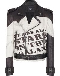 Balmain - Leather Biker Jacket With Trompe-L'Ail T-Shirt Print - Lyst