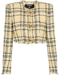 Balmain - Checked Tweed Cropped Jacket - Lyst
