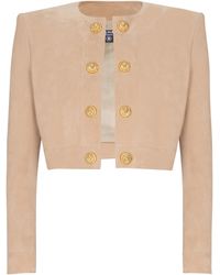 Balmain - Cropped Suede Leather Jacket - Lyst