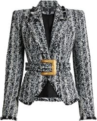 Balmain - Two-Tone Tweed Belted Jacket - Lyst