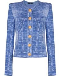Balmain - Cardigan En Maille Jacquard Avec Trompe-L'Œil Denim - Lyst