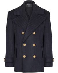 Balmain - Short Striped Wool Pea Coat - Lyst