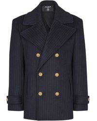 Balmain - Short Striped Wool Pea Coat - Lyst