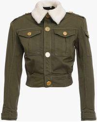 Balmain Cropped Khaki Denim Jacket With White Sheepskin-effect Collar - Green