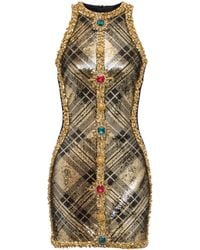 Balmain - Short Sleeveless Dress With Plaid Embroidery - Lyst