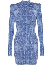 Balmain - Short Jacquard Knit Dress With Denim Effect - Lyst
