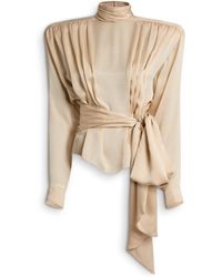 Balmain - Silk Chiffon Blouse With Padded Shoulders And Tie - Lyst